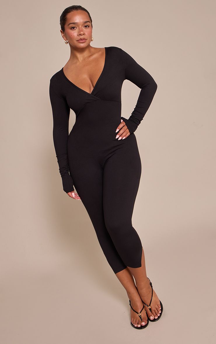 PrettyLittleThing Shape Black Sculpt Long sleeve wrap V neck Capri Jumpsuit