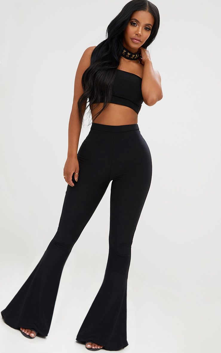 PrettyLittleThing Shape Black Slinky Flared Leg Trousers
