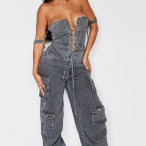 PrettyLittleThing Shape Charcoal Wash Denim Pocket Detail Cargo Jeans