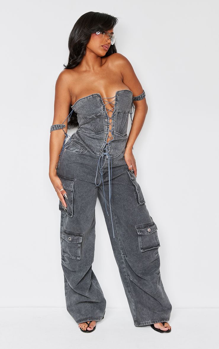 PrettyLittleThing Shape Charcoal Wash Denim Pocket Detail Cargo Jeans