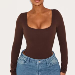 PrettyLittleThing Shape Chocolate Built In Bra Sculpt Square Neck Long Sleeve Bodysuit Shape Chocolate Built In Bra Sculpt Square Neck Long Sleeve Bodysuit