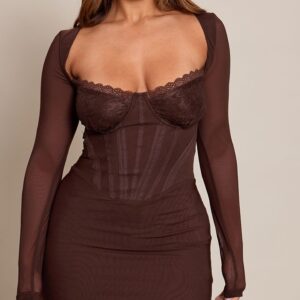 PrettyLittleThing Shape Chocolate Mesh Lace Insert Corseted Mini Dress