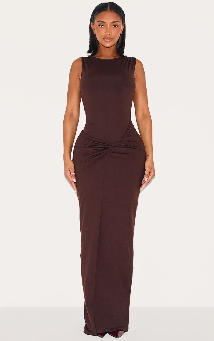 PrettyLittleThing Shape Chocolate Sculpt Boat Neck Wrap Waist Maxi Dress