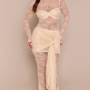 PrettyLittleThing Shape Cream Contrasting Mixed Lace Tie Detail Jumpsuit Shape Cream Contrasting Mixed Lace Tie Detail Jumpsuit