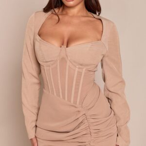 PrettyLittleThing Shape Toffee Corset Detail Long Sleeve Ruched Midi Dress Shape Toffee Corset Detail Long Sleeve Ruched Midi Dress