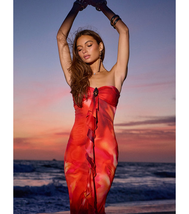 Windsor Shelly Abstract Print Mesh Ruffle Mermaid Dress