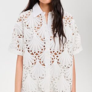 MEIMEIJ Short Sleeve Button Down Lace Top