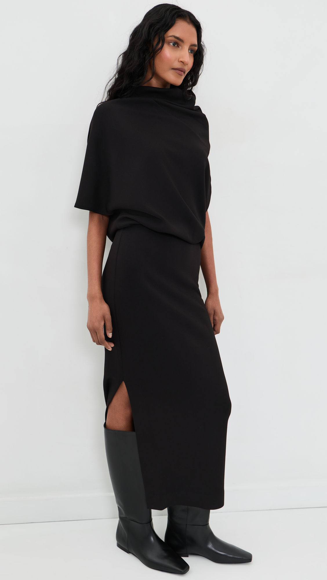 MEIMEIJ Short Sleeve Cowl Neck Scuba Midi Dress