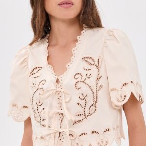 Short Sleeve Embroidered Eyelet Front Tie Top