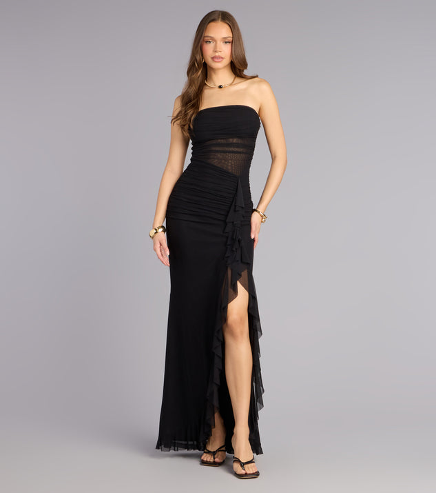 Windsor Sienna Mesh Ruffle Slit Formal Dress
