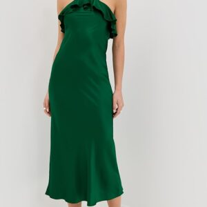 Rodarte Silk Satin Bias Halter Slip Dress with Ruffle Detail and Silk Flower Silk Satin Bias Halter Slip Dress with Ruffle Detail and Silk Flower