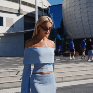 BB Exclusive Simona Blue Long Sleeve Off Shoulder Knit Top