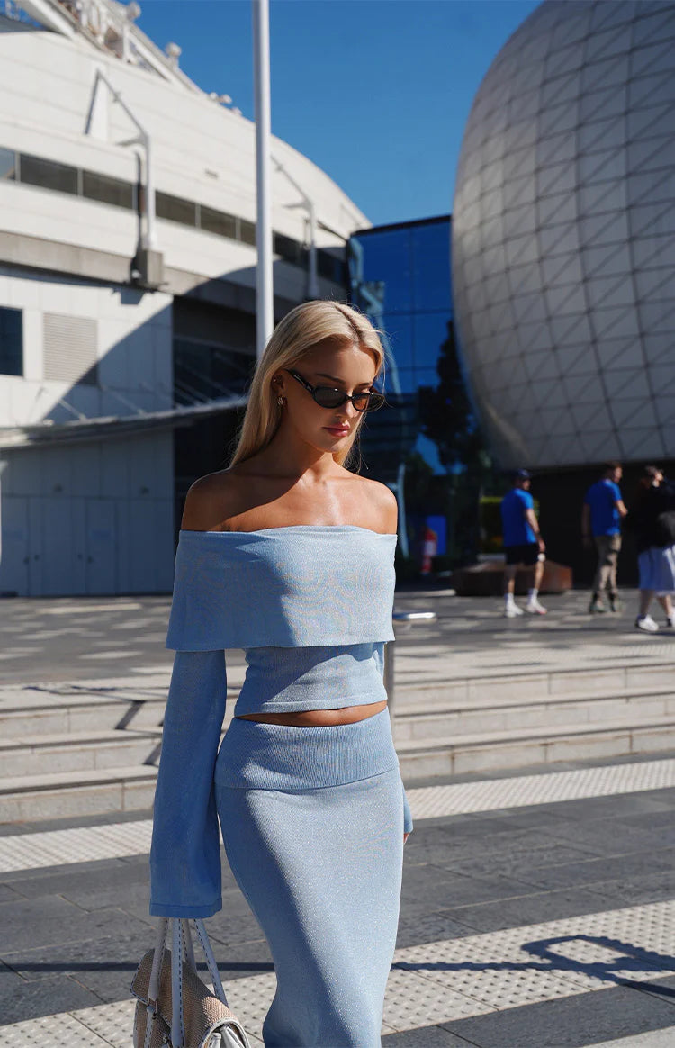 BB Exclusive Simona Blue Long Sleeve Off Shoulder Knit Top