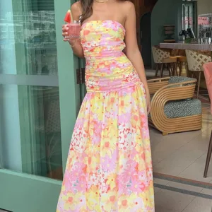 BB Exclusive Sinclair Yellow Floral Print Strapless Maxi Dress