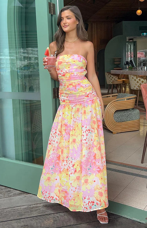 BB Exclusive Sinclair Yellow Floral Print Strapless Maxi Dress