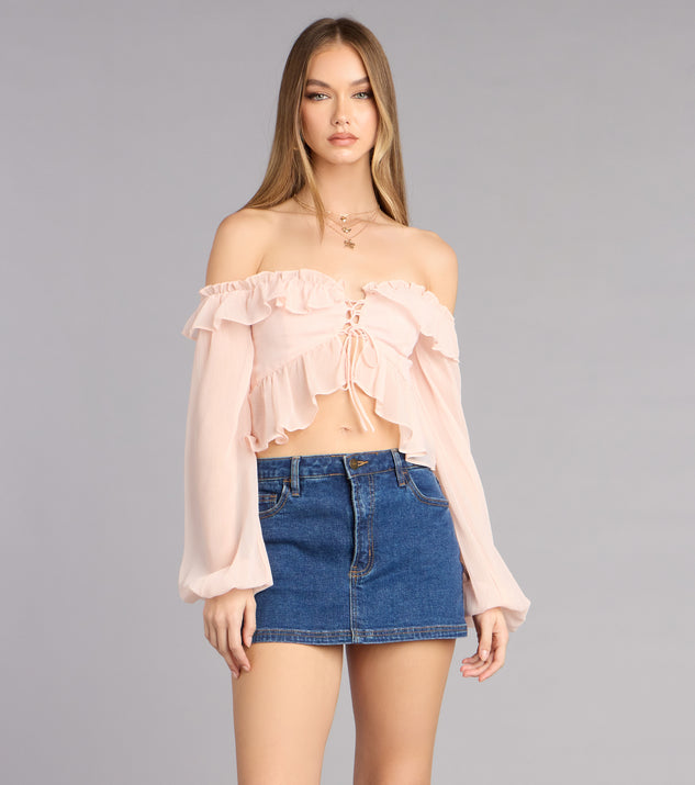 Windsor Soft Romance Ruffle Off-The-Shoulder Crop Top