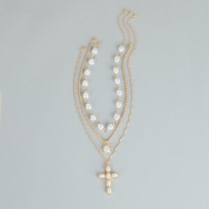 Soft Shine Faux Pearl Cross Charm Necklace Set