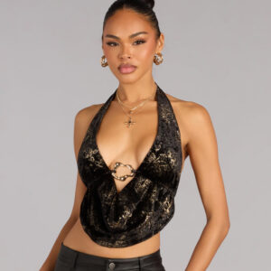 Windsor Soft Shine Foiled Velvet Halter Crop Top Soft Shine Foiled Velvet Halter Crop Top