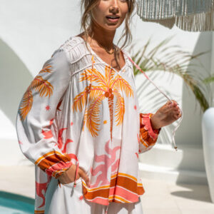 Heychic Soletta Coral Pink Tropical Long Sleeve Blouse Soletta Coral Pink Tropical Long Sleeve Blouse