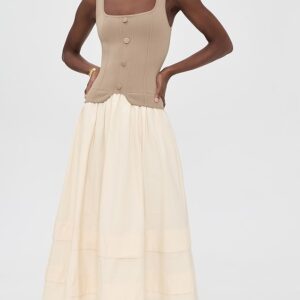 Square Neckline Top Mixed Media Midi Dress