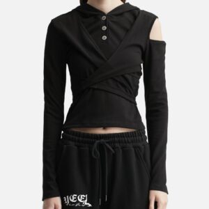 YEEL Strap Hooded Long Sleeve Top Black