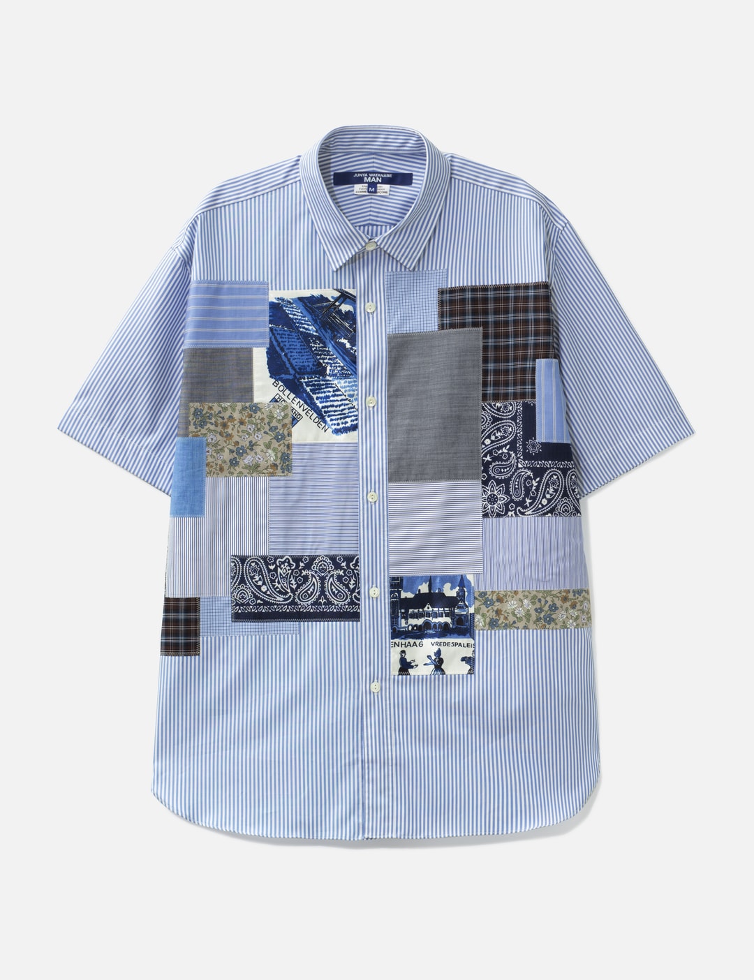 Junya Watanabe Man Striped Short Sleeve Shirt With Mix Fabric Patchwork