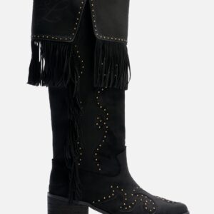 Studded Suede Fringe Boots Black