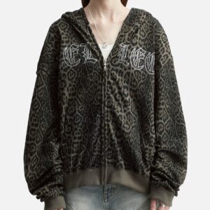 Studded Zip-up Hoodie Oversized Leopard