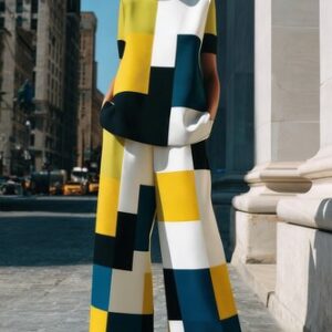 stylewe Casual Colorblock Printing Wide Leg Pants stylewe Casual Colorblock Printing Wide Leg Pants