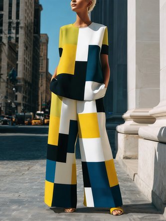 stylewe Casual Colorblock Printing Wide Leg Pants