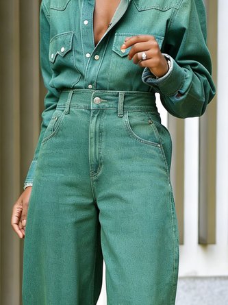 stylewe Casual Plain Shirt Collar Denim Shirt - Image 2