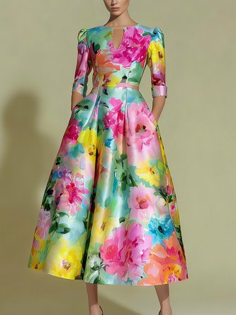 Stylewe Elegant Floral Puff Sleeve Printing Notched Party Midi Dress
