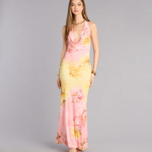 Sunset Garden Floral Cowl Neck Maxi Dress