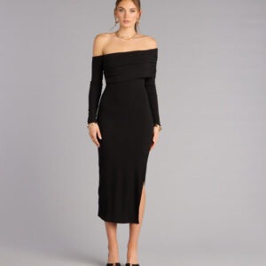 Sweep Me Away Ribbed Off Shoulder Midi Dress