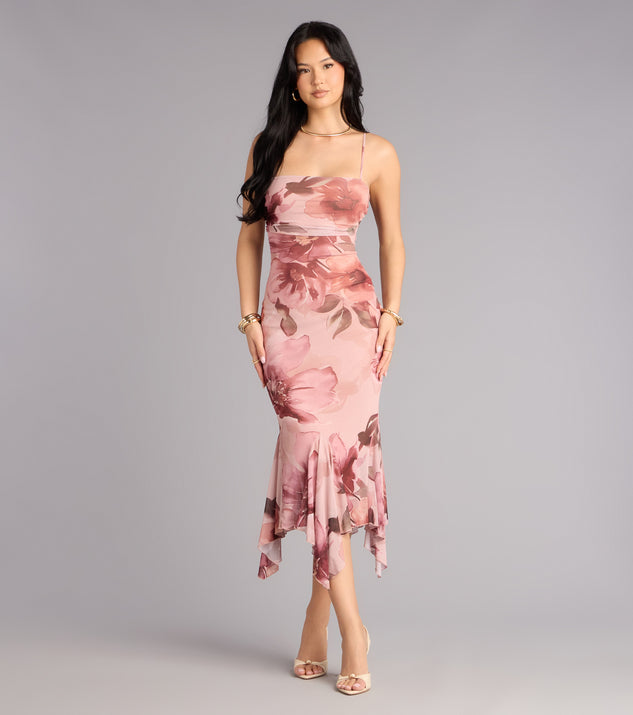 Windsor Sweet Flirt Floral Mesh Ruffle Midi Dress