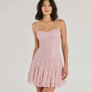 Sweet Glamour Beaded Strap Lace Mini Dress