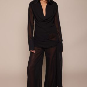 PrettyLittleThing Tall Black Chiffon Ruched Tie Trousers Co-ord
