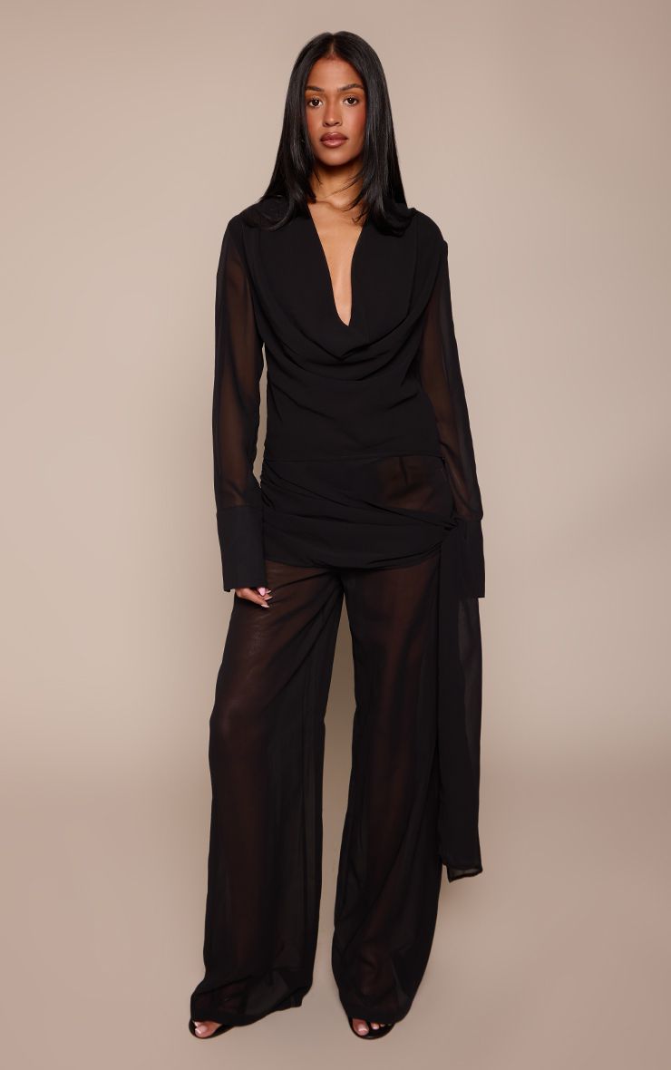 PrettyLittleThing Tall Black Chiffon Ruched Tie Trousers Co-ord