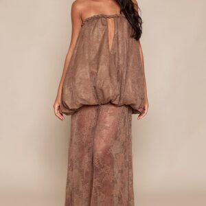 PrettyLittleThing Taupe Bandeau Lace Extreme Puffball Maxi Dress
