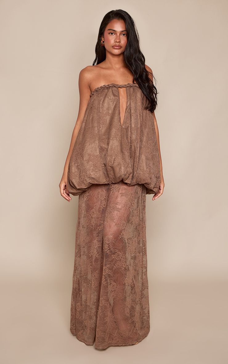 PrettyLittleThing Taupe Bandeau Lace Extreme Puffball Maxi Dress