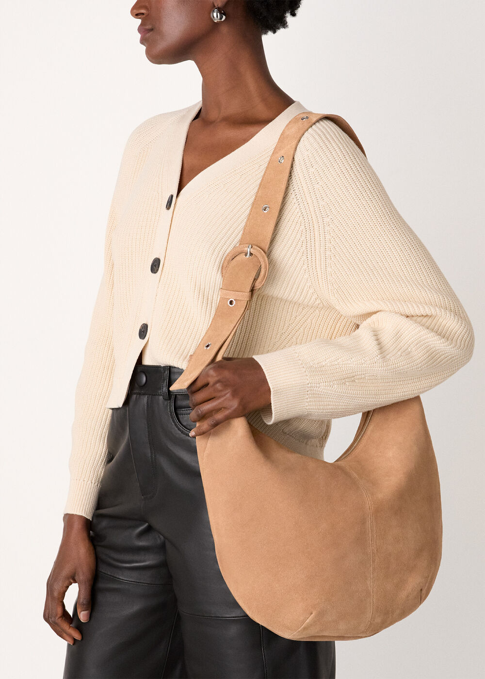 Taupe Large Sia Curved Suede Bag - Image 2