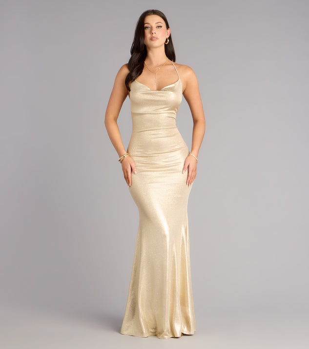 Windsor Teresa Metallic Rhinestone Open Back Formal Dress