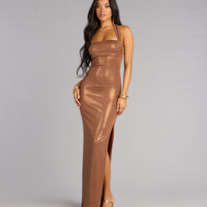 Windsor Tiana Metallic Halter Slit Formal Dress Tiana Metallic Halter Slit Formal Dress