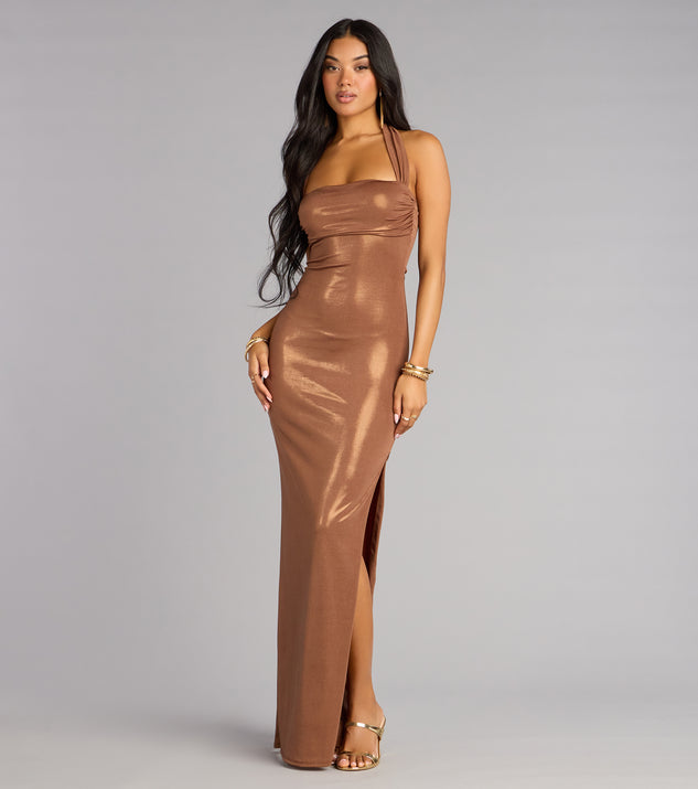 Windsor Tiana Metallic Halter Slit Formal Dress
