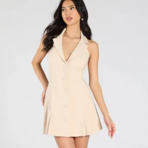 Total Delight Collar V-Neck Pleated Mini Dress