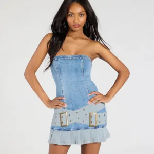 Windsor Trend Moment Denim Belted Pleat Mini Dress Trend Moment Denim Belted Pleat Mini Dress