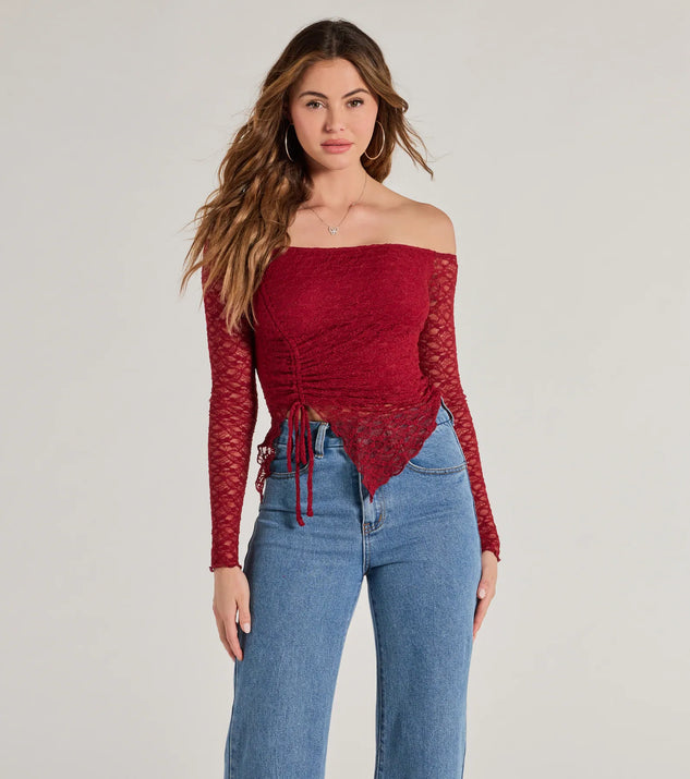 Windsor Trendy Babe Off-The-Shoulder Ruched Lace Top