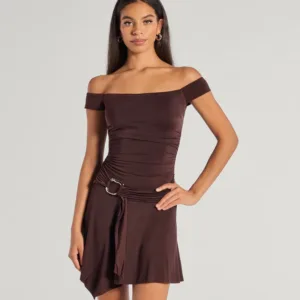 Windsor Trendy Fab Off-The-Shoulder Belted Mini Dress Trendy Fab Off-The-Shoulder Belted Mini Dress