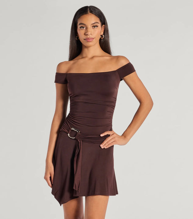 Windsor Trendy Fab Off-The-Shoulder Belted Mini Dress