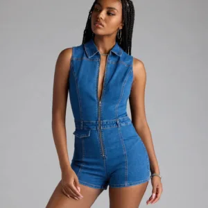 Windsor Trendy Fab Zip-Front Denim Romper Trendy Fab Zip-Front Denim Romper